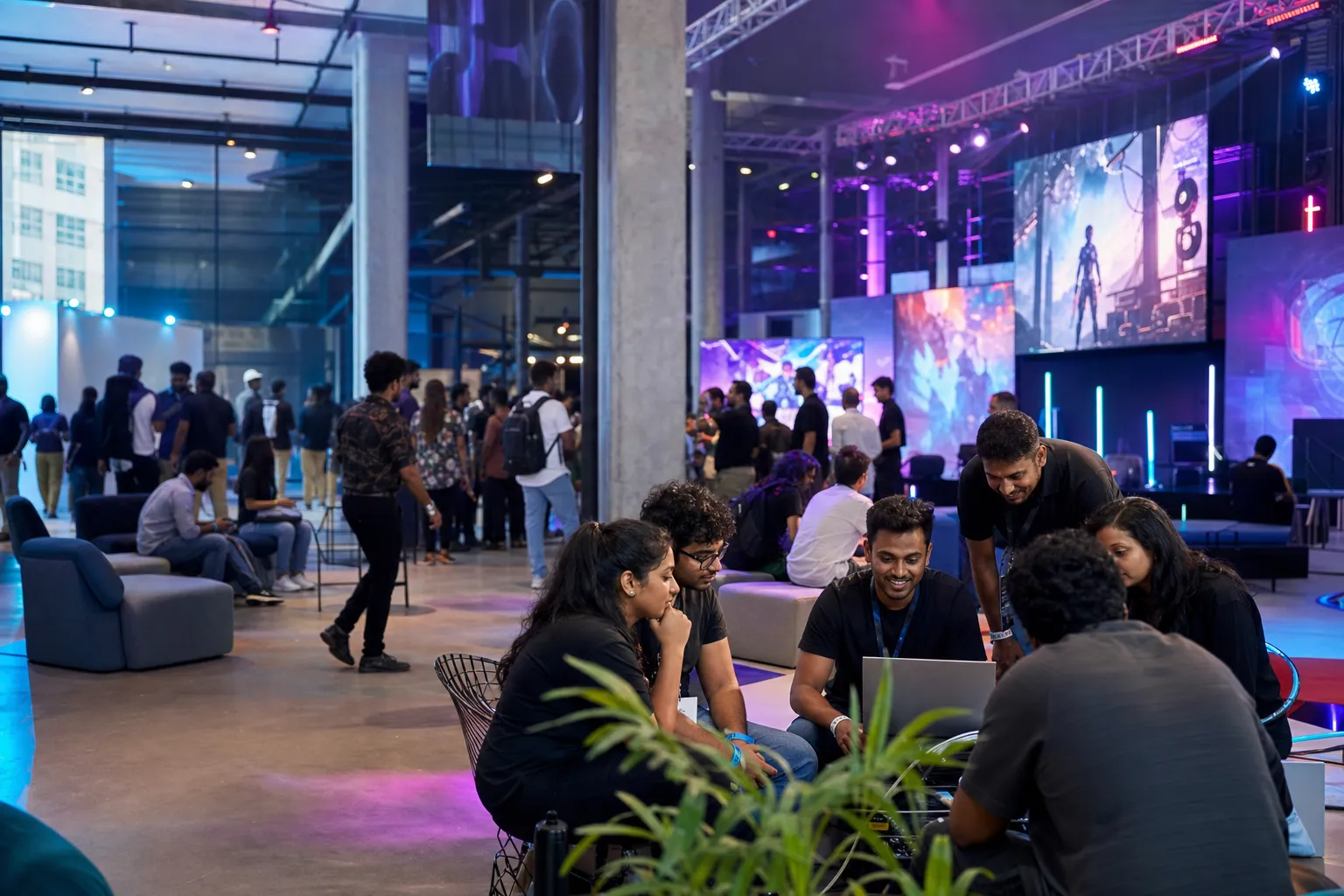 Game developers collaborating inside a neon-lit conference hall in Colombo.