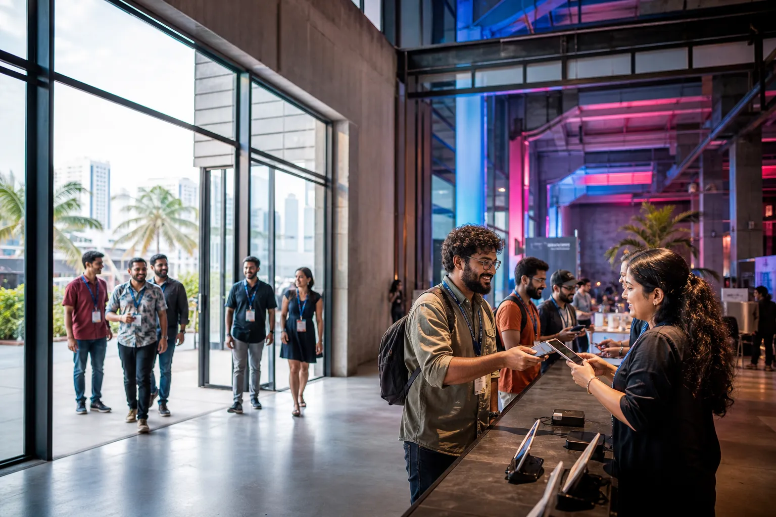 Attendees checking in at a contemporary game conference venue in Colombo.