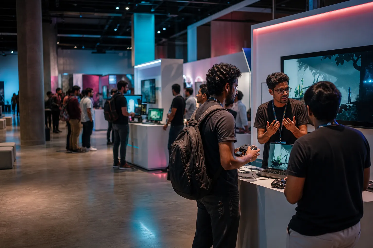 Developers demonstrating playable games across a modern conference demo floor.