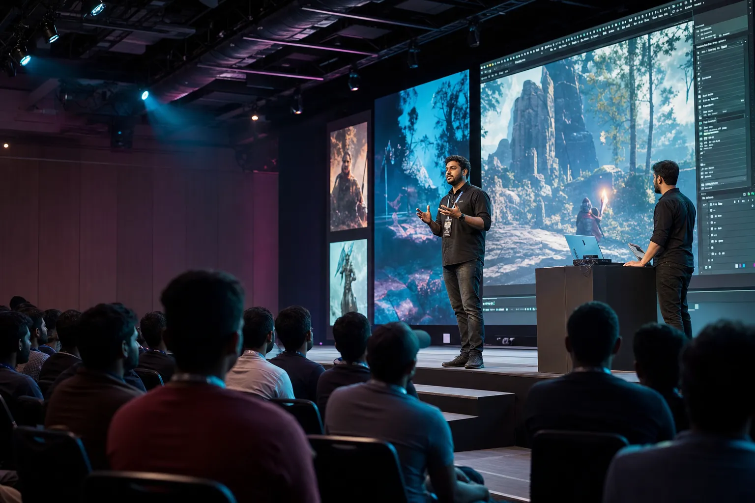 Game developers presenting a live production workflow on a conference stage.
