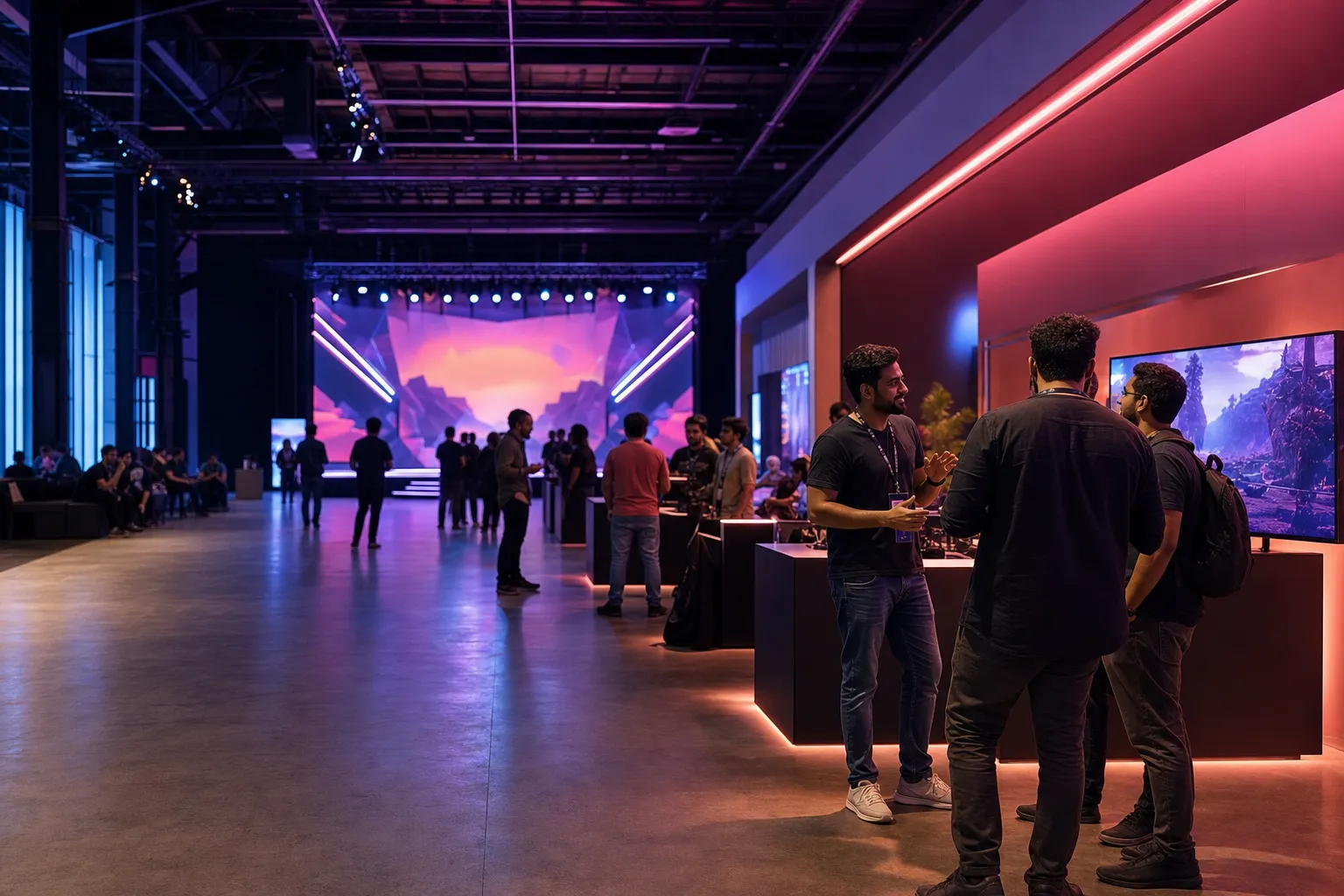 Game developers meeting beside premium sponsor activations at a conference.